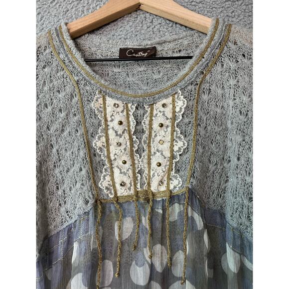 Casting Top Small XS Sheer Sparkle Knit Embroidery Dot Long Sleeve Boho Art - Picture 2 of 16